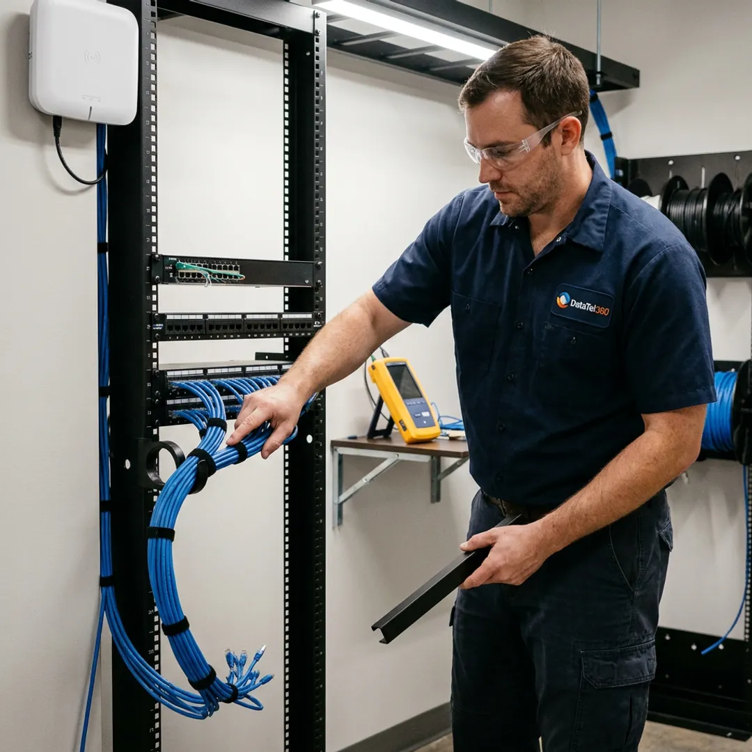 Technician installing warehouse network equipment