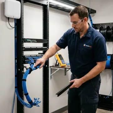 Technician installing warehouse network equipment