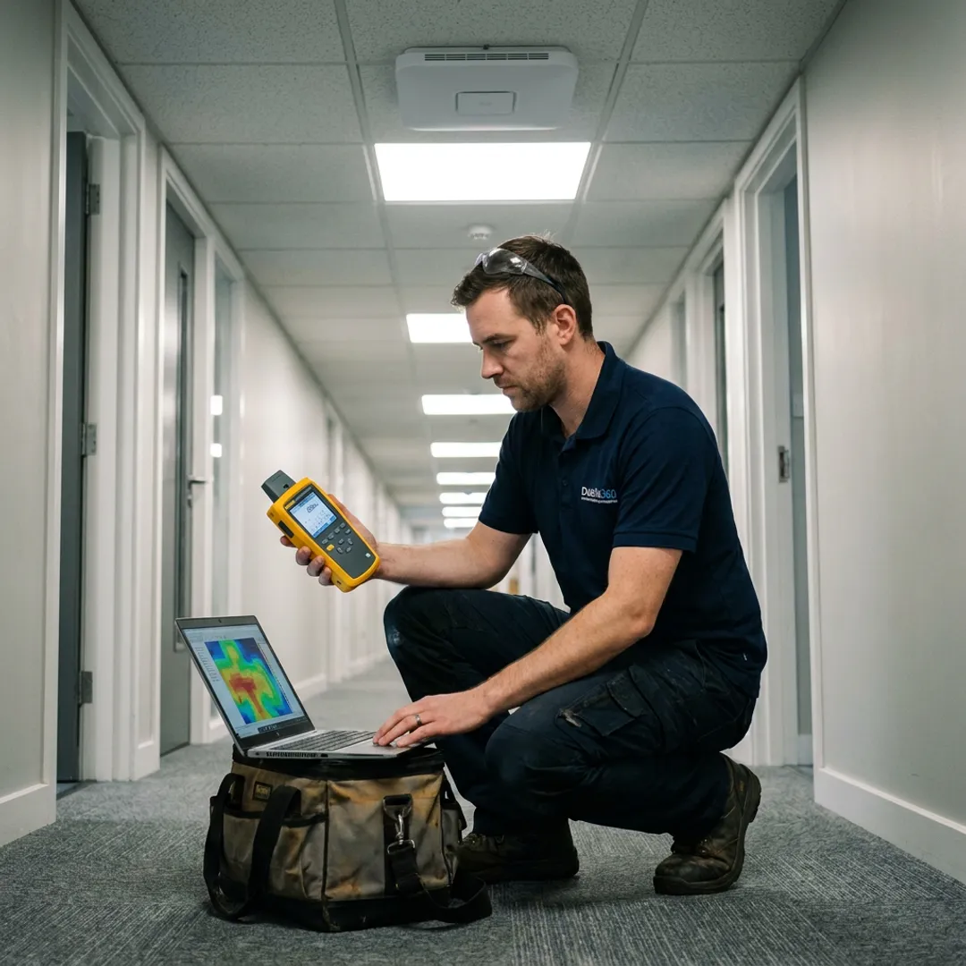 Technician testing commercial Wi-Fi access point coverage