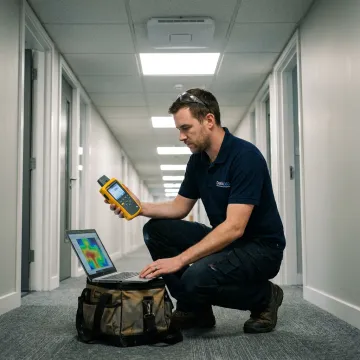 Technician testing commercial Wi-Fi access point coverage