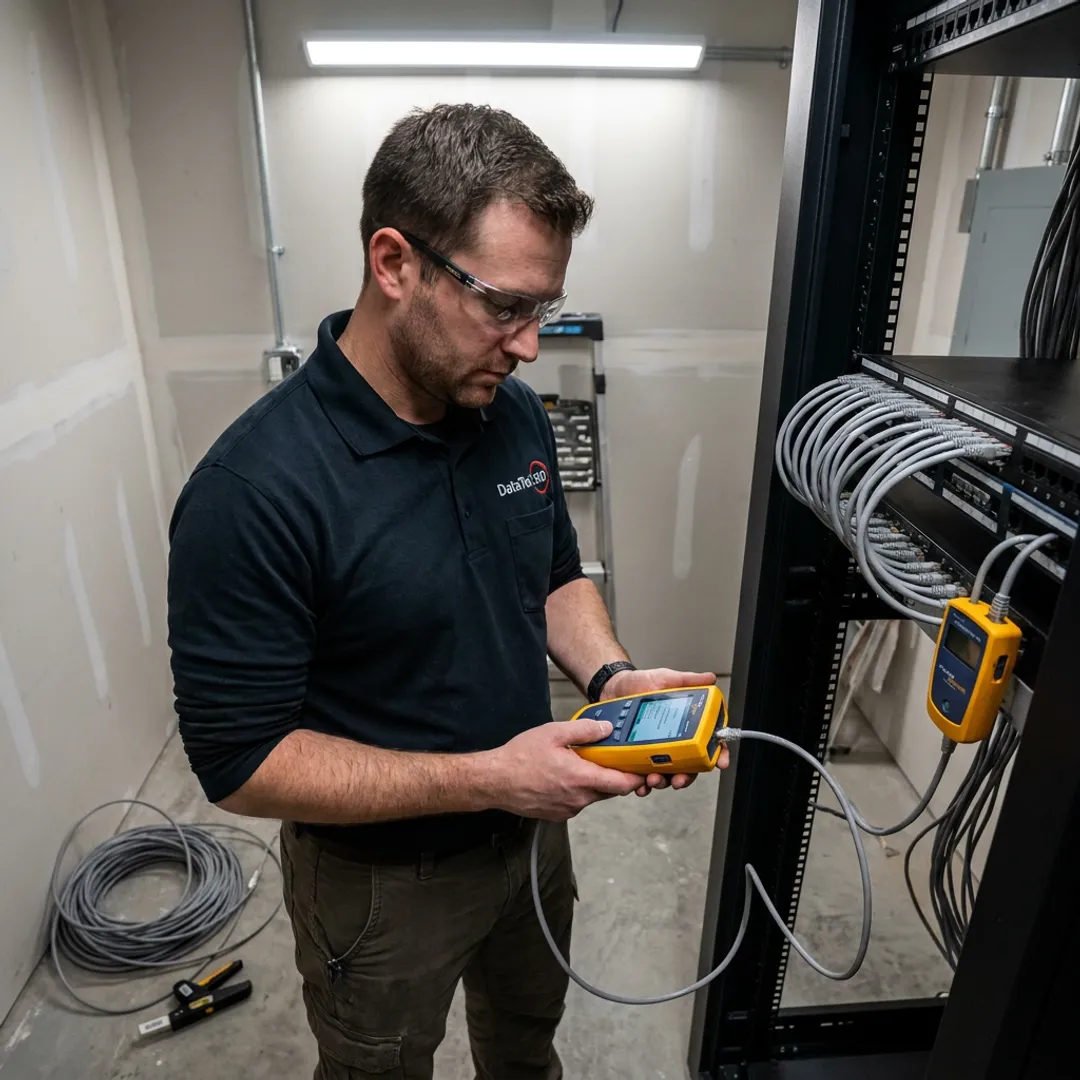 Technician testing commercial network cabling