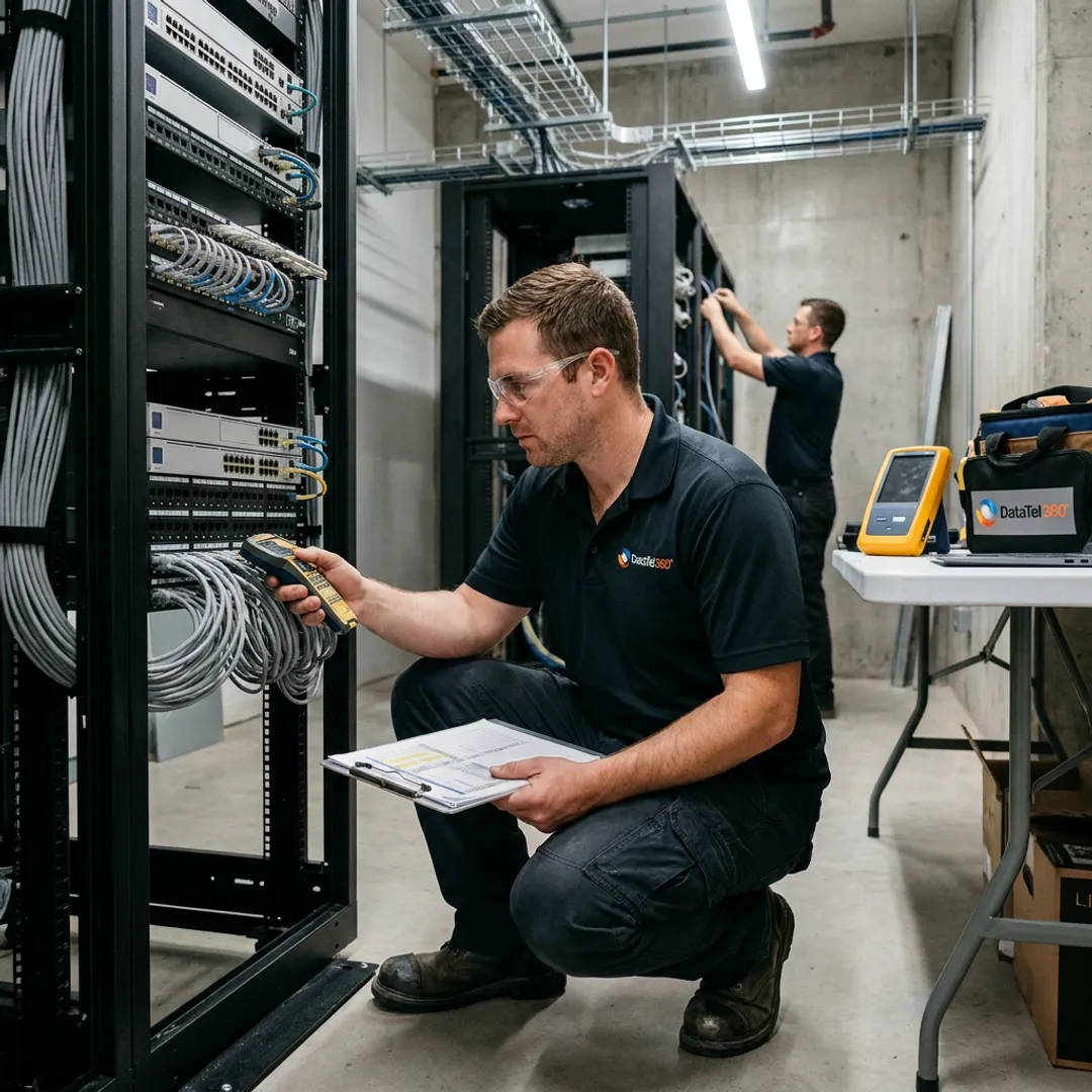 Technician documenting network rack installation