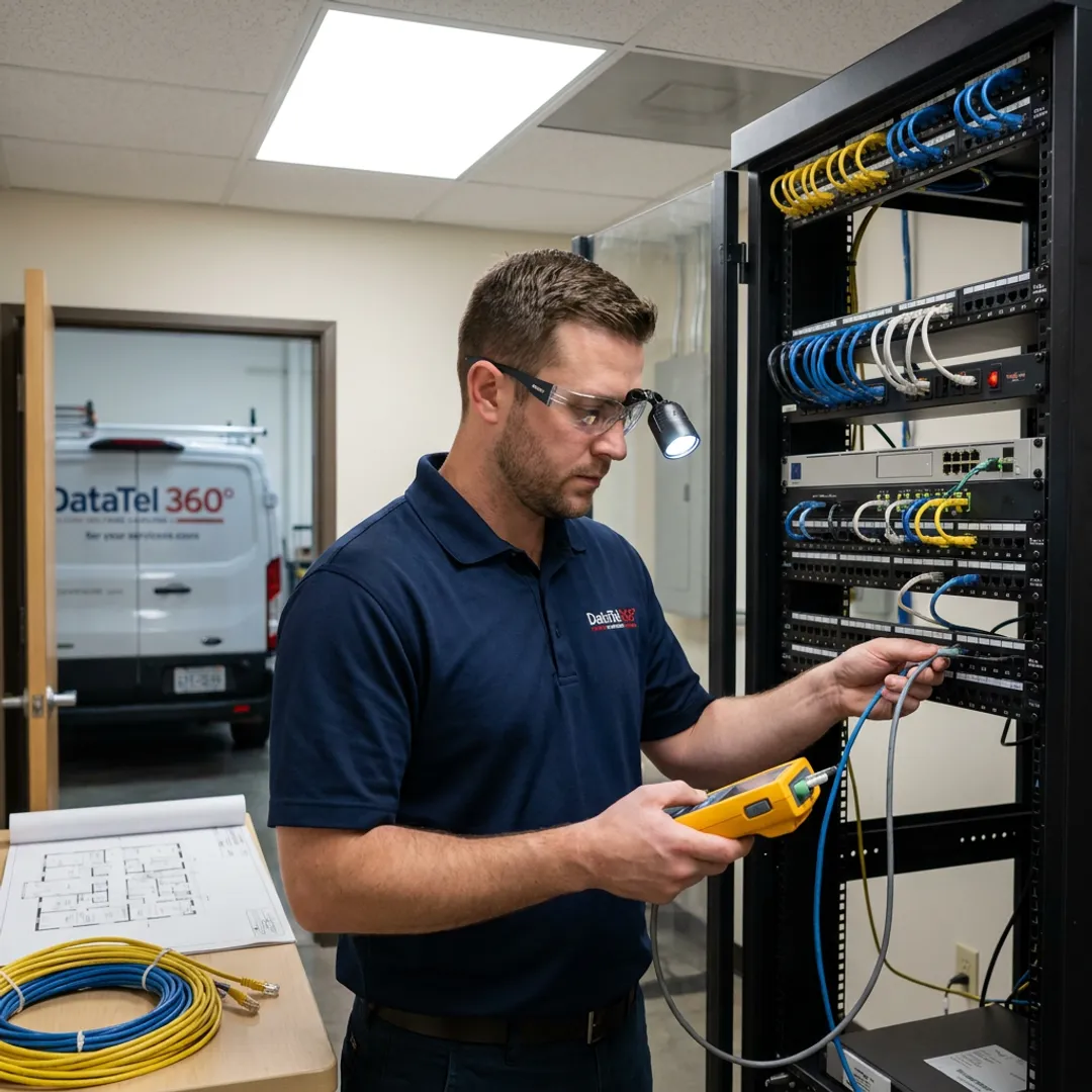 Technician testing network cable connections