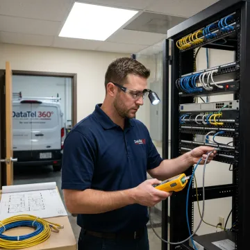 Technician testing network cable connections