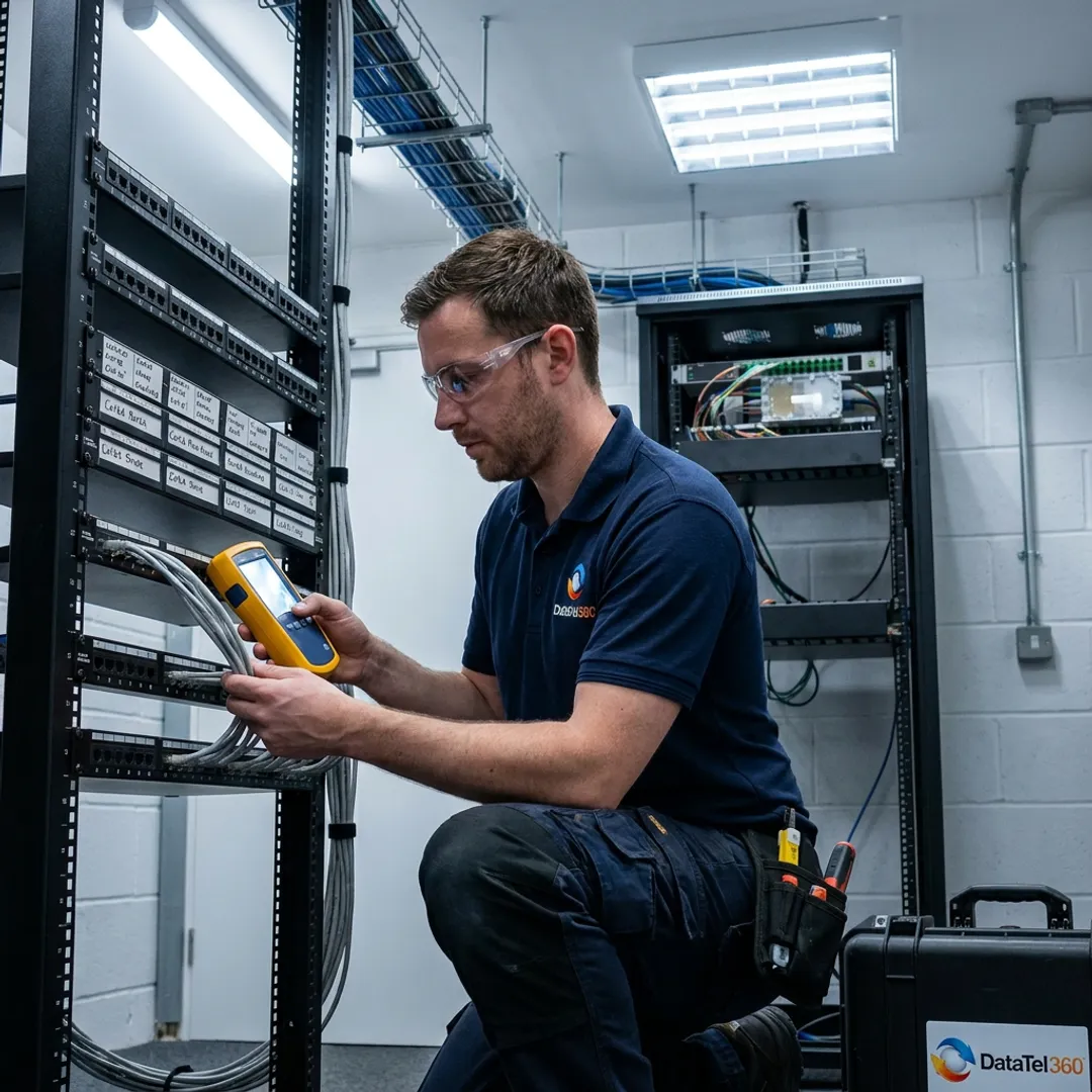 Technician testing low voltage cabling in a network room