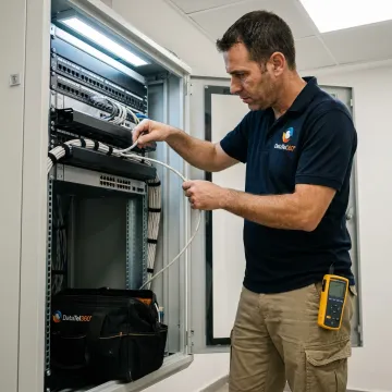 Low voltage technician working on commercial cabling systems