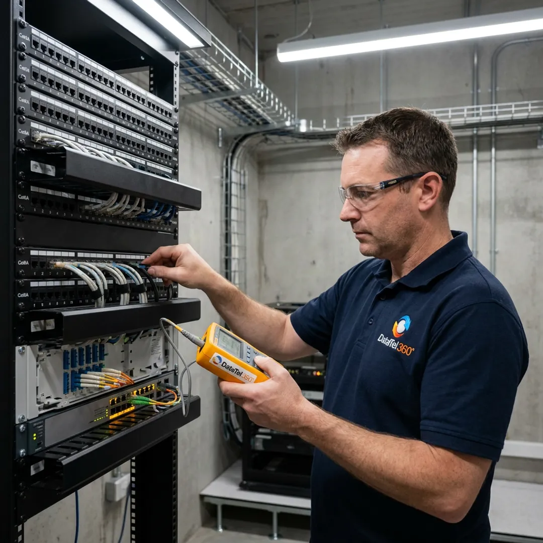 Technician testing low voltage cabling in network rack