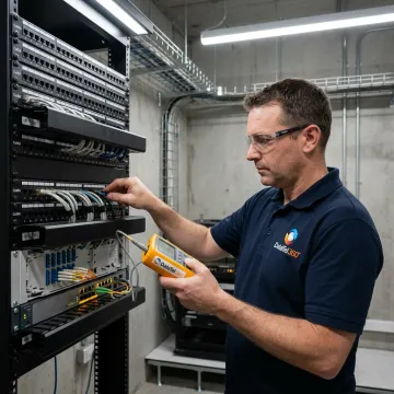 Technician testing low voltage cabling in network rack