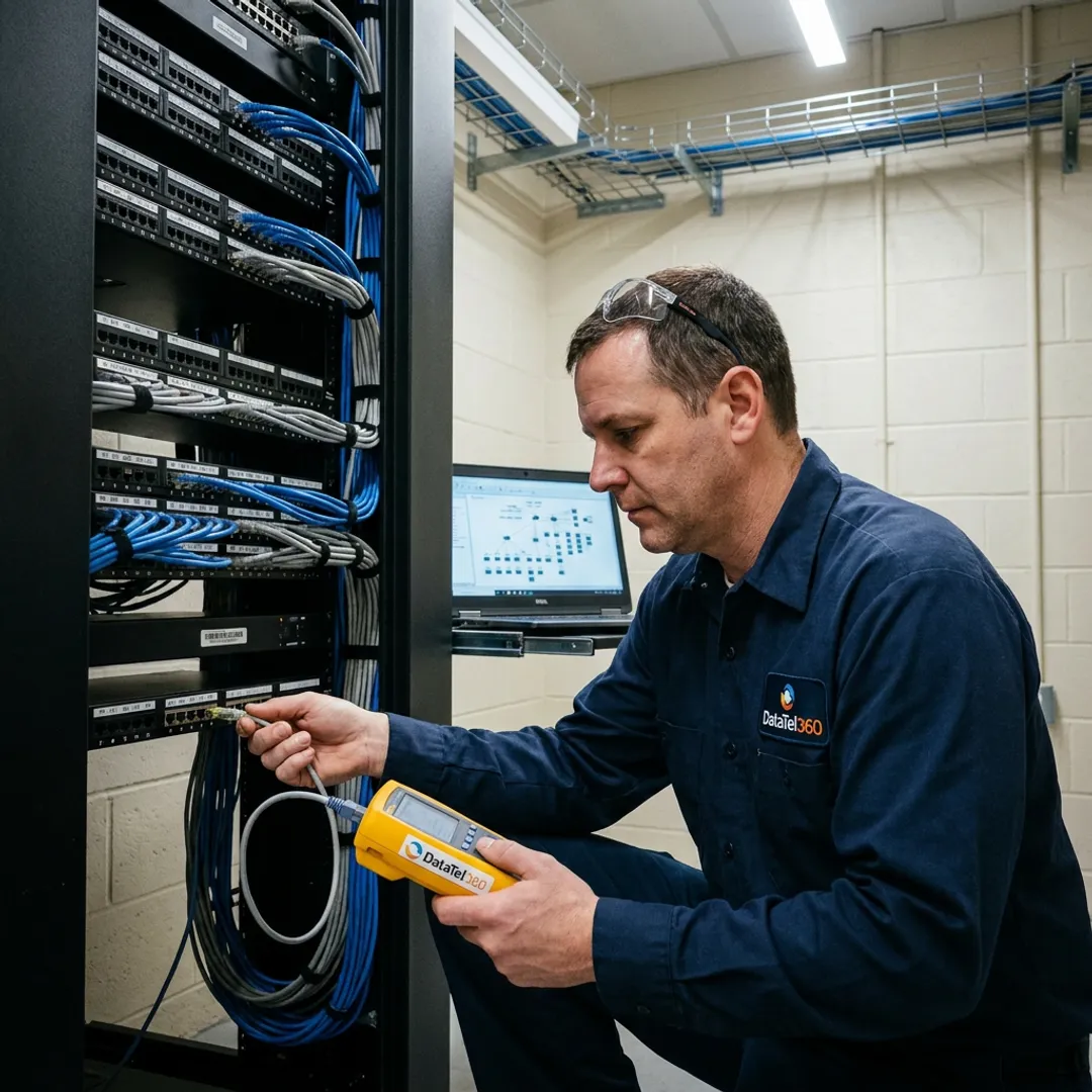 Technician testing structured cabling in a network room