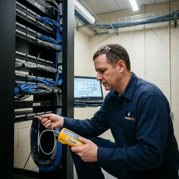 Technician testing structured cabling in a network room