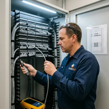 Low voltage cabling technician working in a server room