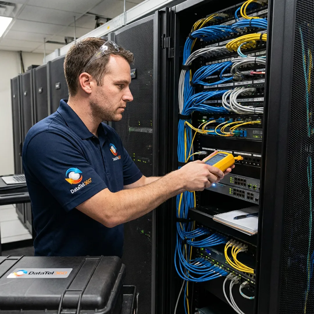 Technician managing data center equipment