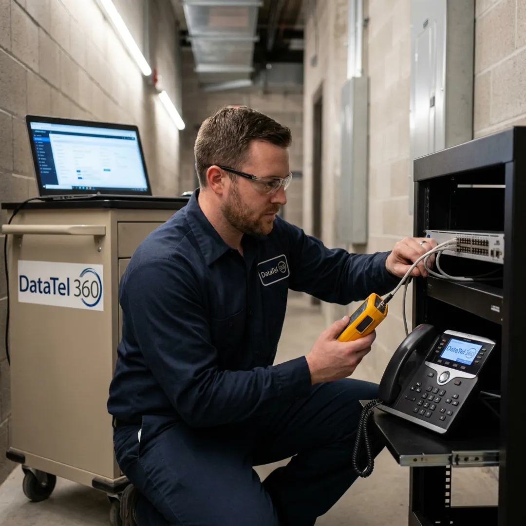 Technician configuring hotel hosted PBX system