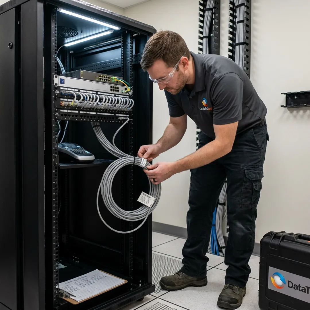 Technician organizing network equipment during office relocation