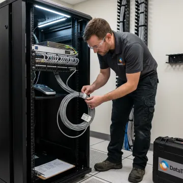 Technician organizing network equipment during office relocation