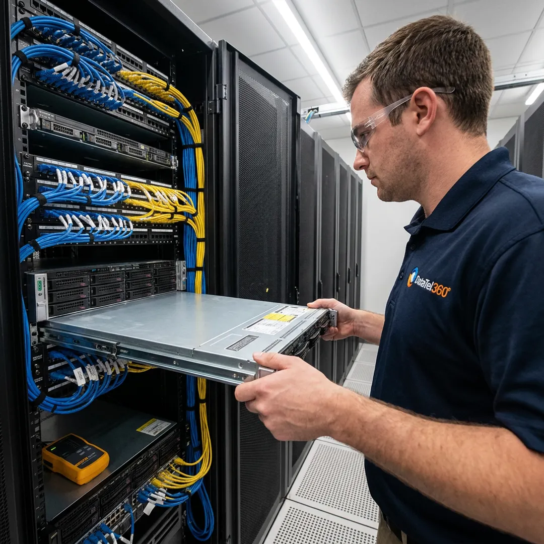 Technician installing servers in data center rack