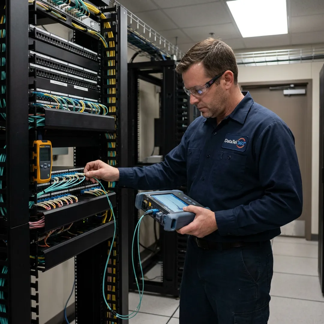 Technician testing fiber optic cabling