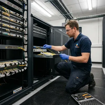 Fiber optic installation technician in server room