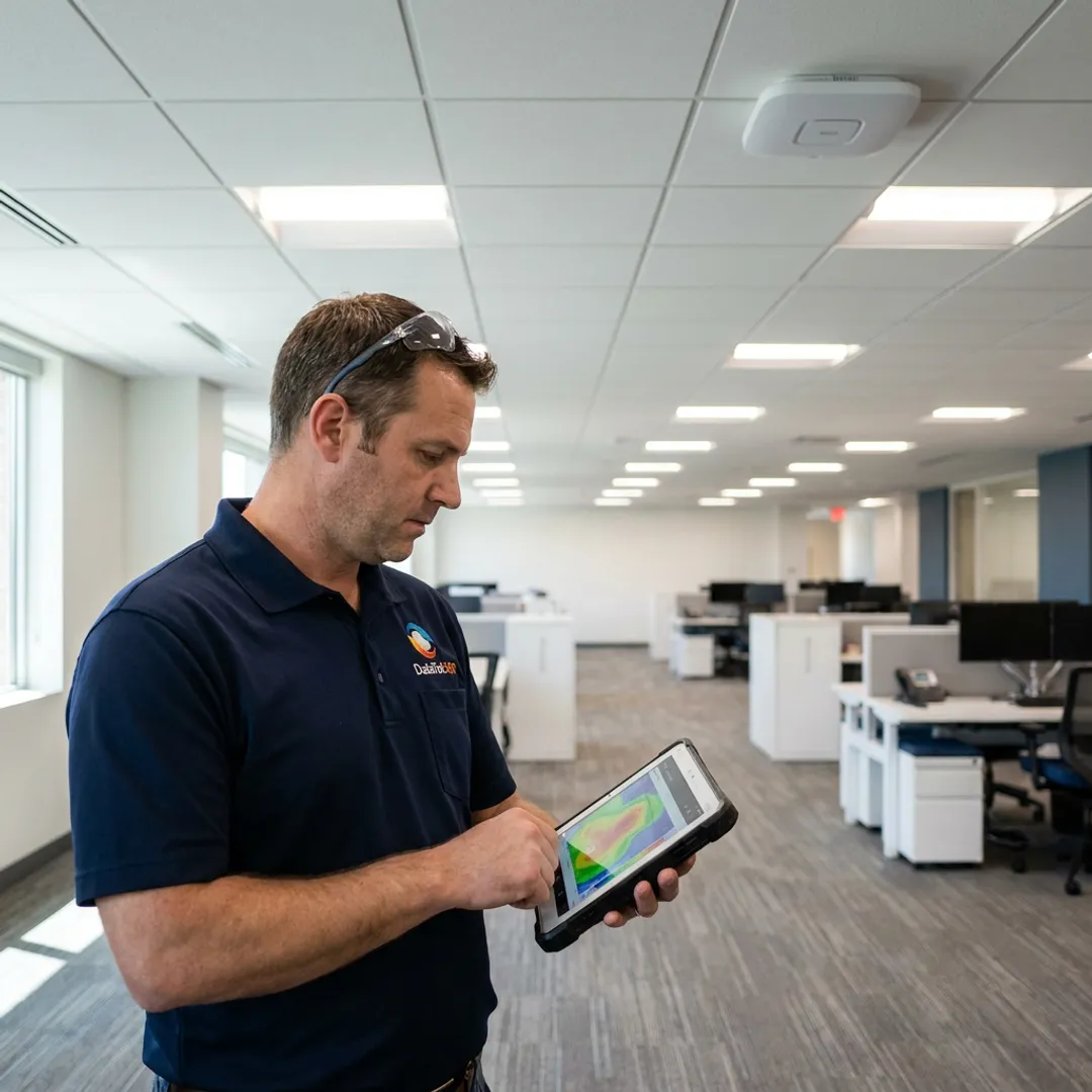 Technician testing commercial WiFi coverage