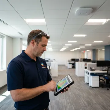 Technician testing commercial WiFi coverage