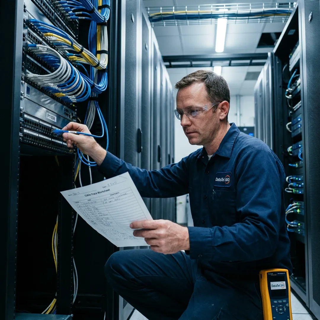 Technician testing labeled data center cables