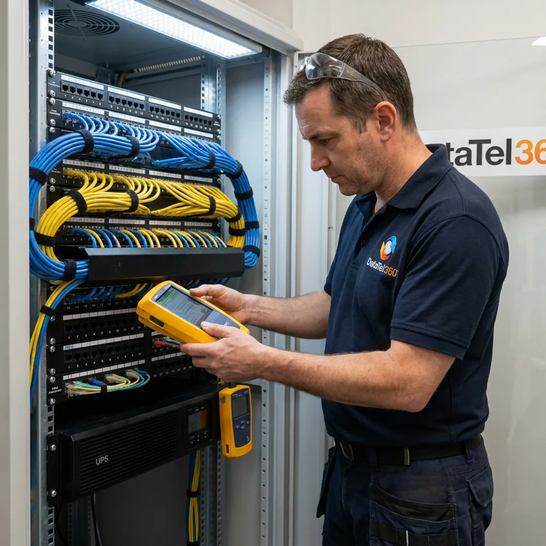 Technician testing structured cabling in network rack