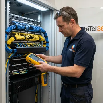 Technician testing structured cabling in network rack