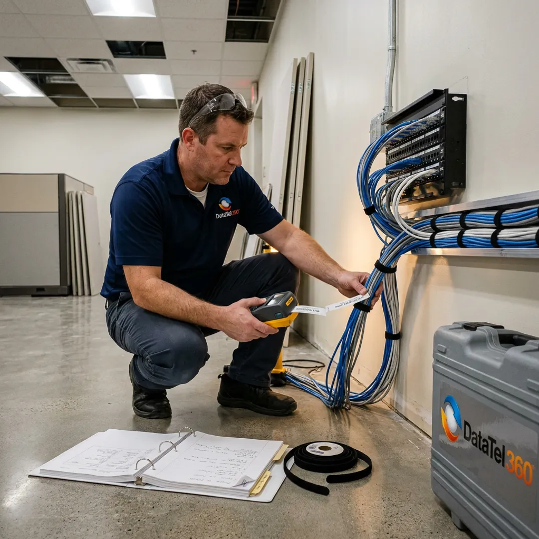Technician organizing network equipment during office relocation