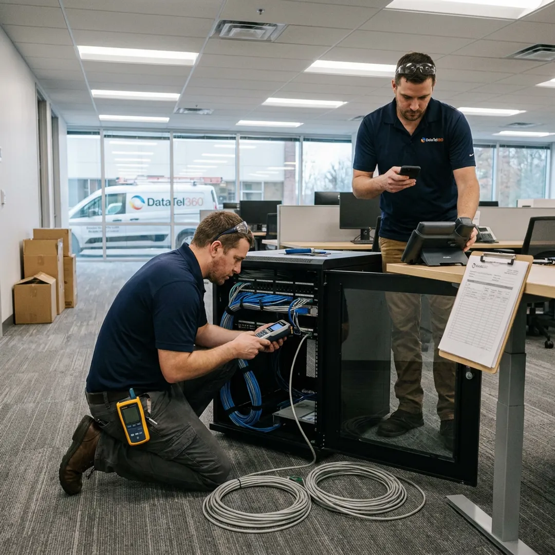 Technicians planning an office technology relocation
