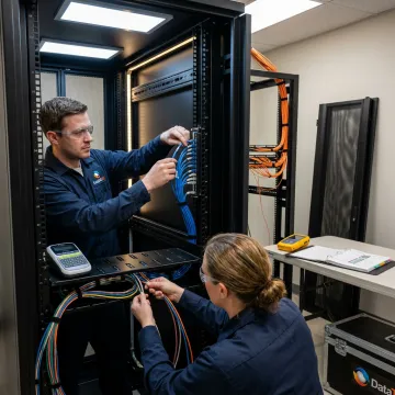 Commercial office technology movers reconnecting network equipment
