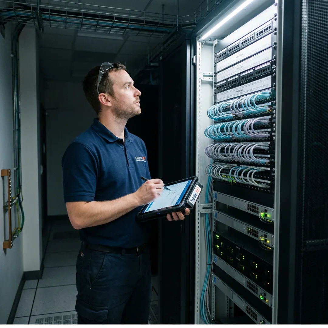 Technician documenting server rack connections