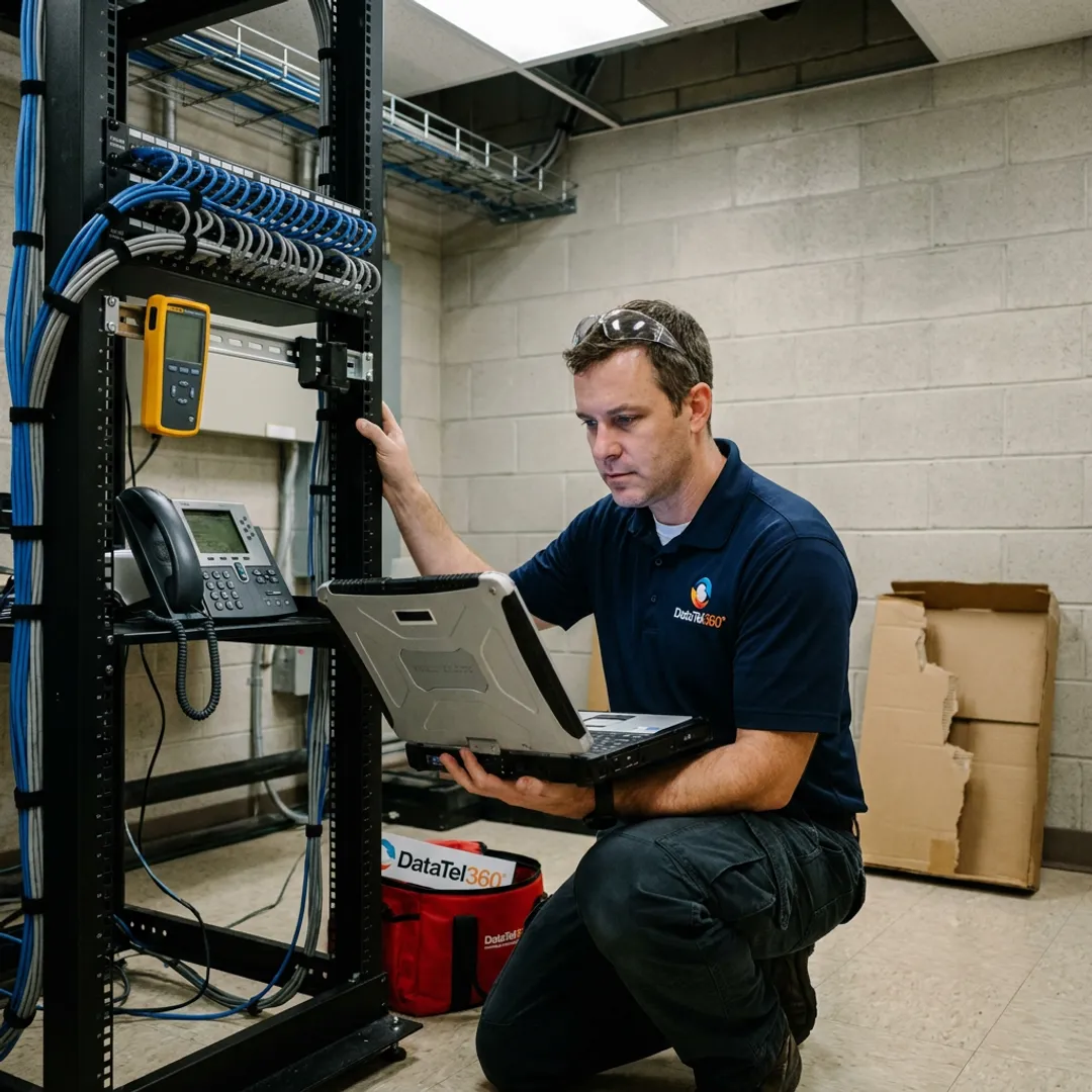 Telecom engineer testing a business phone system
