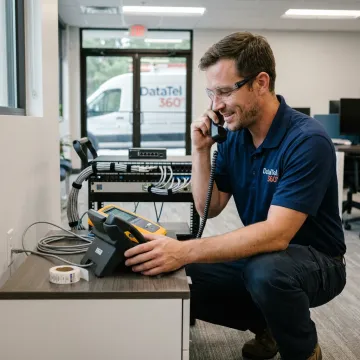 Technician installing commercial VoIP phones