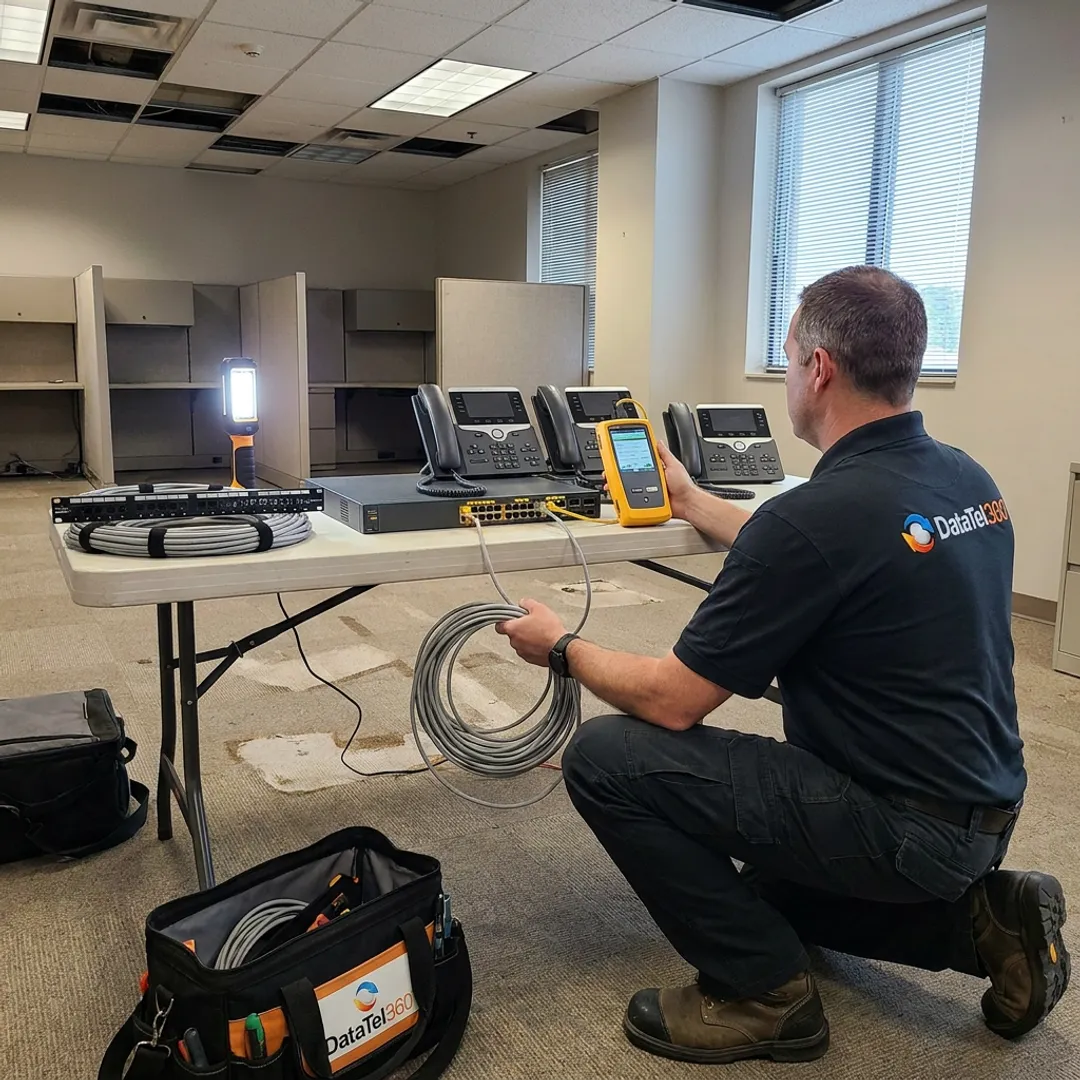 Technician testing office network relocation