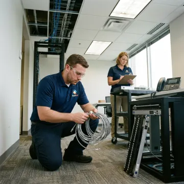 Office technology relocation team moving network equipment