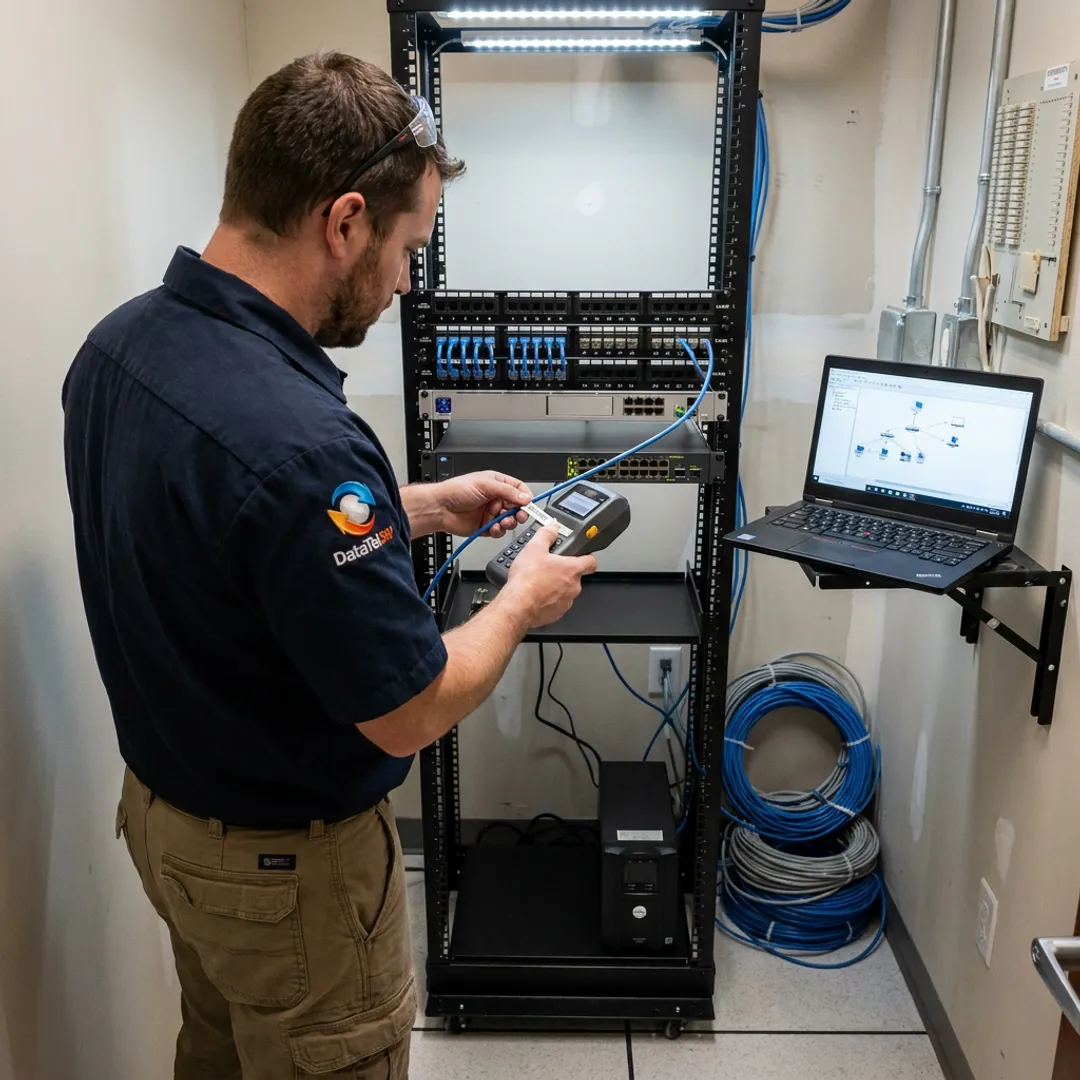 Technician reconnecting office network equipment