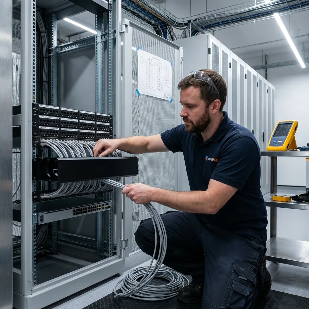 Technician installing network equipment in data center rack