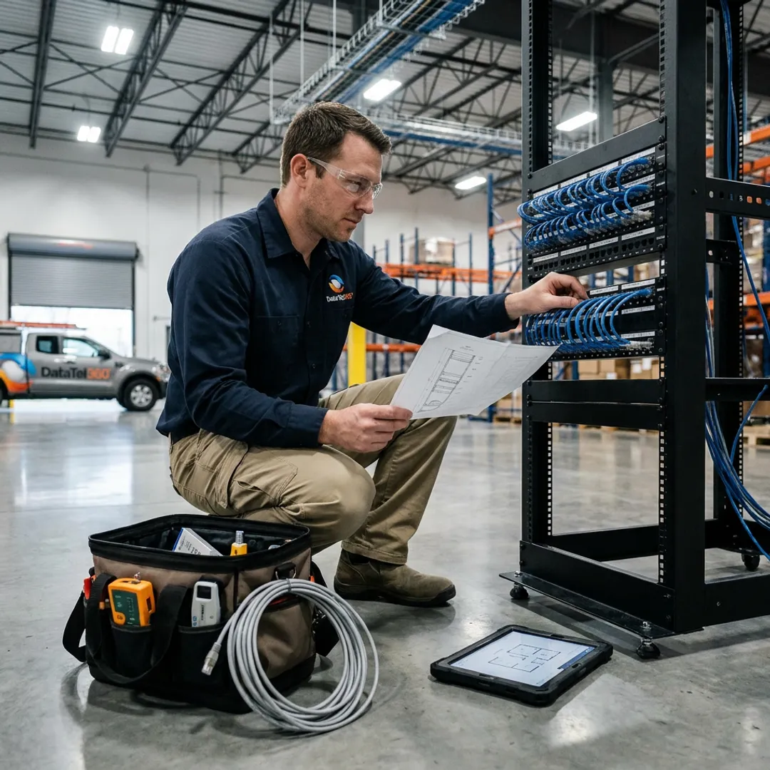 Engineer planning warehouse network rack installation