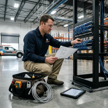 Engineer planning warehouse network rack installation