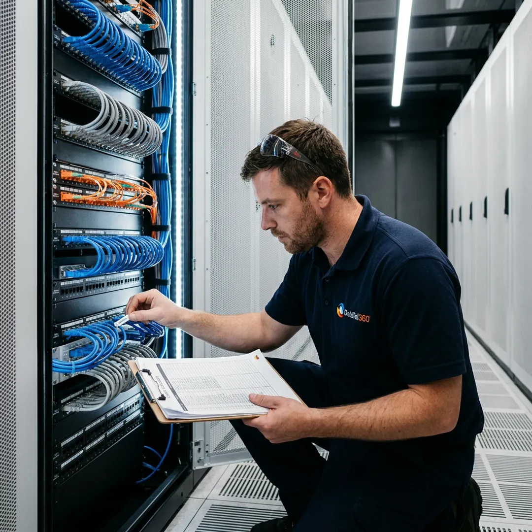 Technician documenting data center rack cabling