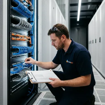 Technician documenting data center rack cabling
