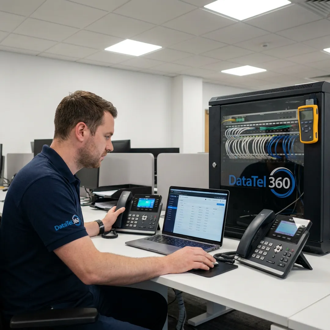 Engineer configuring cloud VoIP phone system