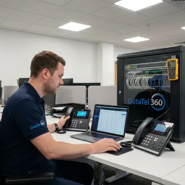 Engineer configuring cloud VoIP phone system