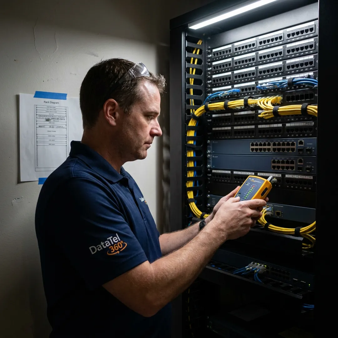 Technician testing low voltage cabling in a network rack