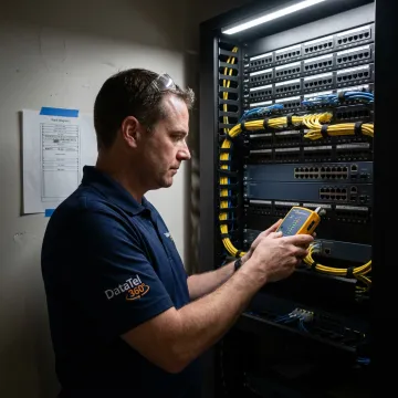 Technician testing low voltage cabling in a network rack