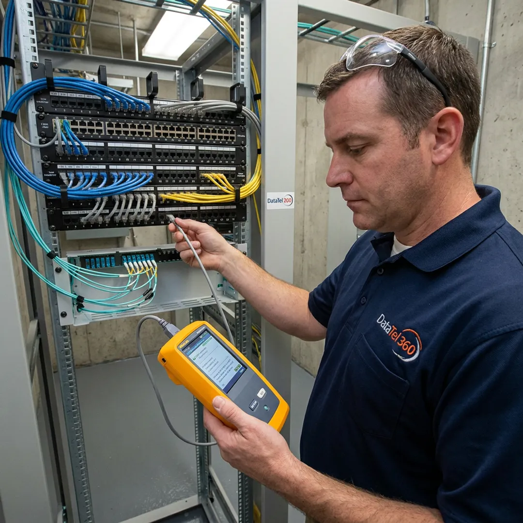 Technician testing structured cabling in network rack
