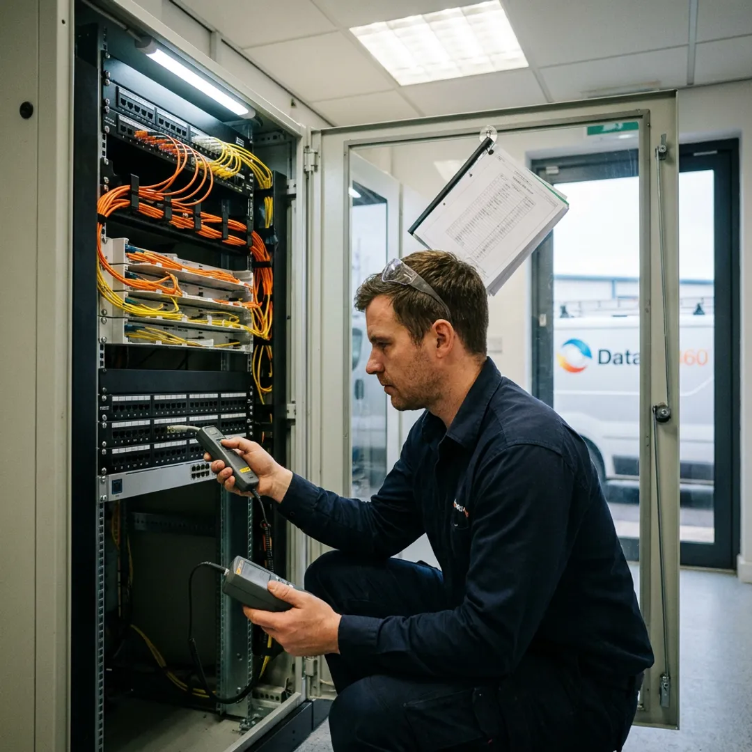 Technician testing structured cabling in network rack