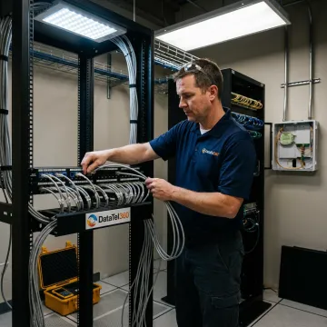 Structured cabling and fiber optic technician in telecom room