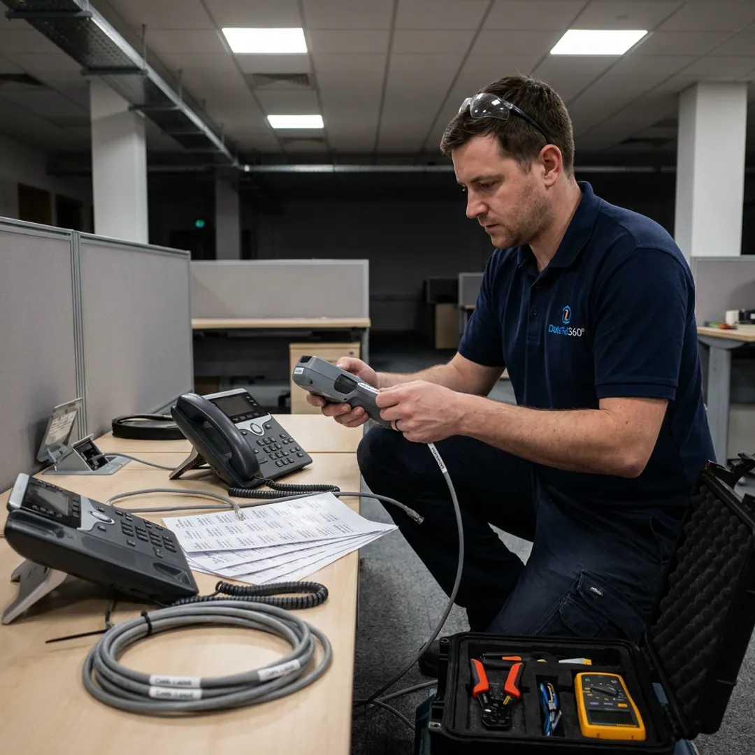 Technician labeling office network cables before relocation