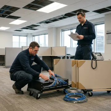 Commercial office technology relocation team moving network equipment